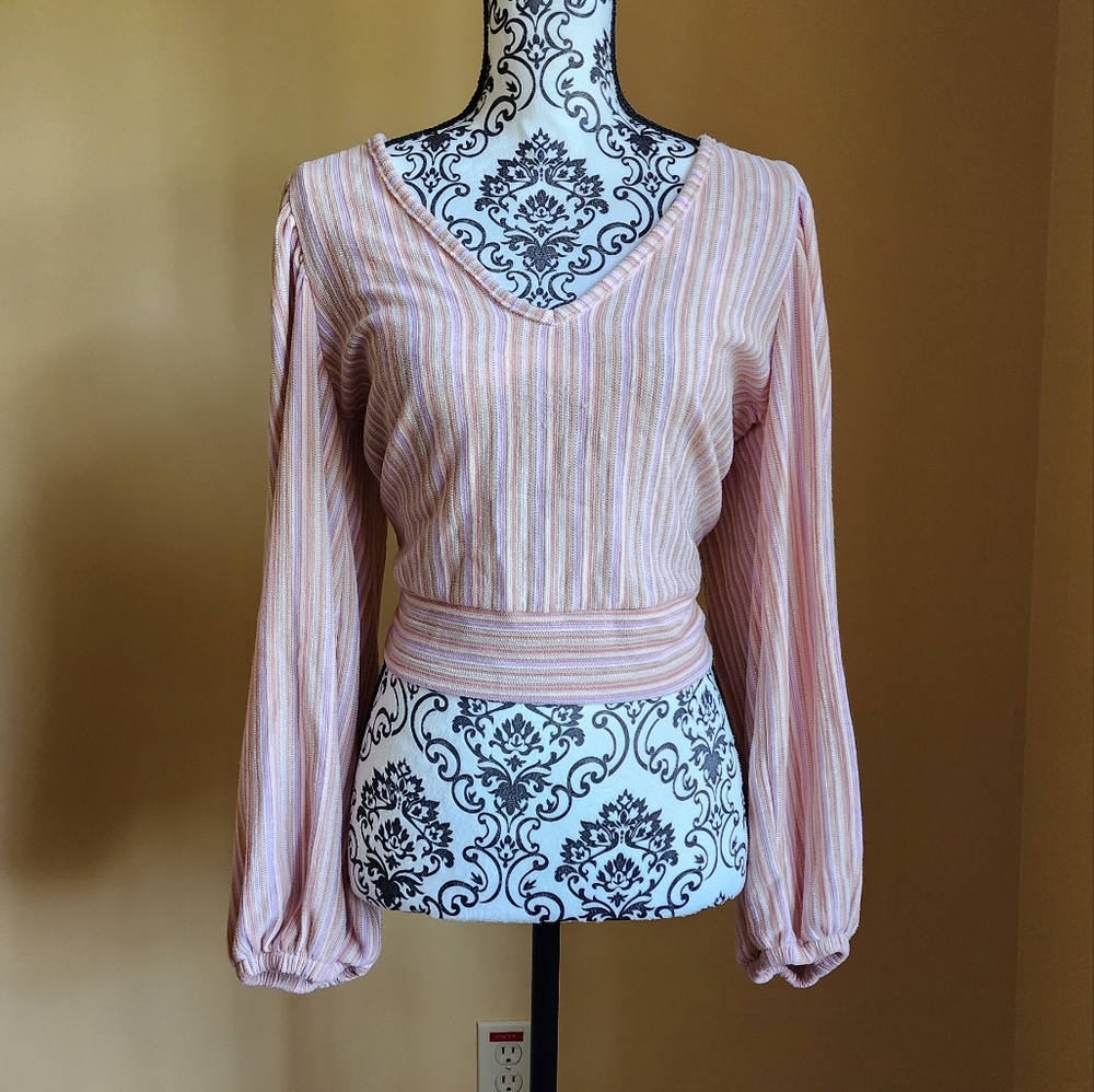 Free People Pink Striped V-Neck Blouse